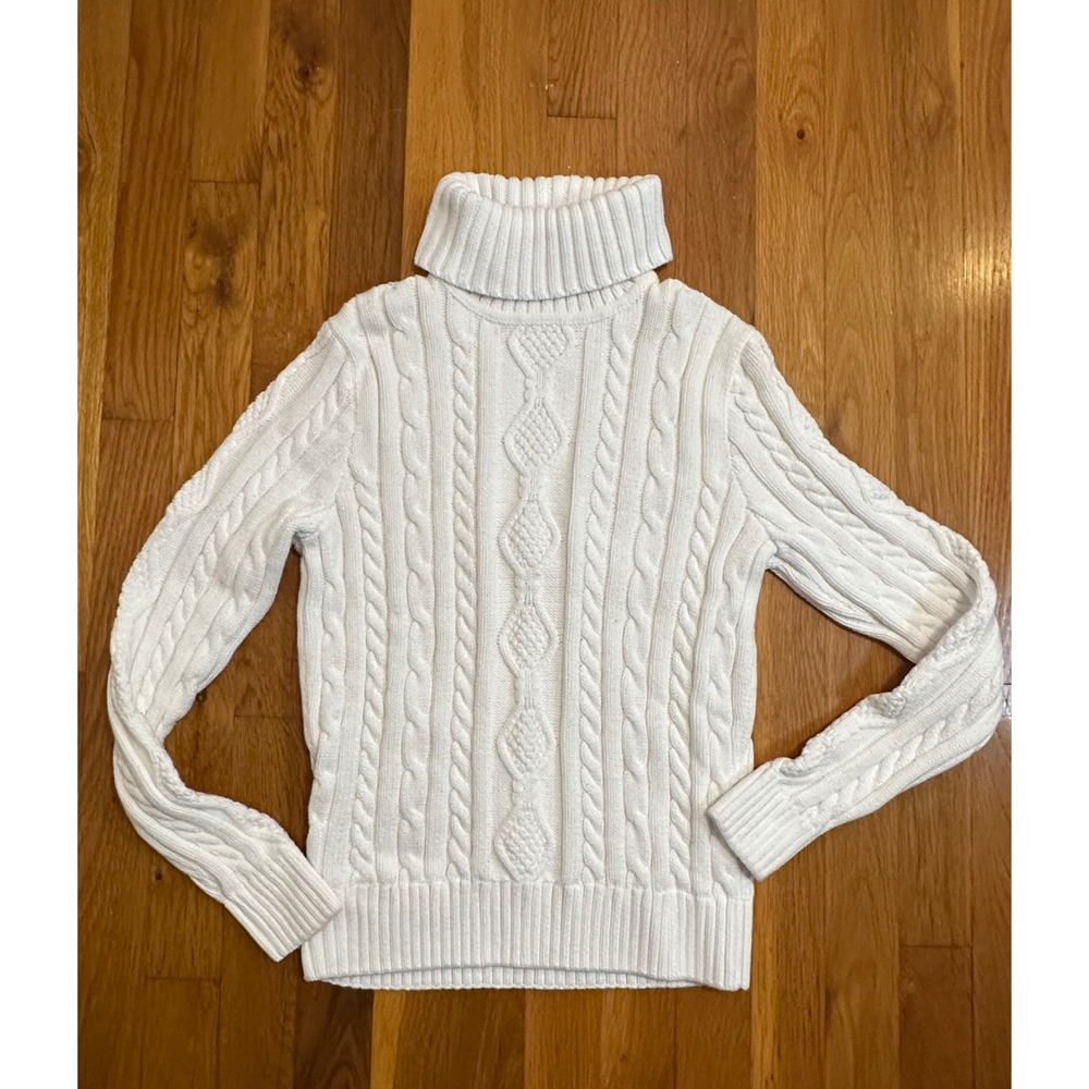 Jeanne Pierre Womens White Cable Knit Turtleneck 100% Cotton Sweater Small